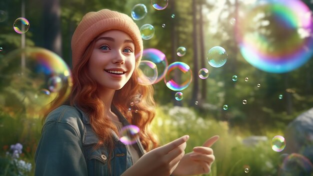 ritratto di una ragazza allegra che soffia una bolla di sapone all'esterno realizzato da AI generativa