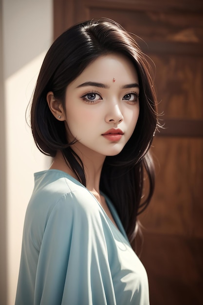 Ritratto di una ragazza asiatica con un punto rosso che esamina la macchina fotografica