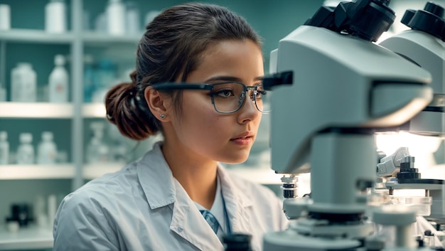Ritratto di una ragazza assistente di laboratorio al microscopio