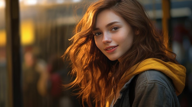 Ritratto di una ragazza attraente con un sorriso sul viso che guarda la telecamera sorridendo AI generativa