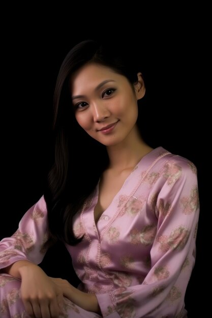 Ritratto di una ragazza attraente, curiosa, allegra e astuta che indossa un vestito da notte in pigiama di seta