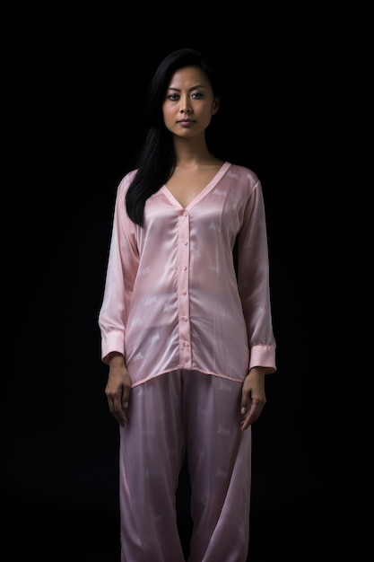 Ritratto di una ragazza attraente, curiosa, allegra e astuta che indossa un vestito da notte in pigiama di seta