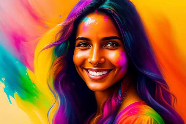 Ritratto di una ragazza carina dipinta nei colori del festival di Holi