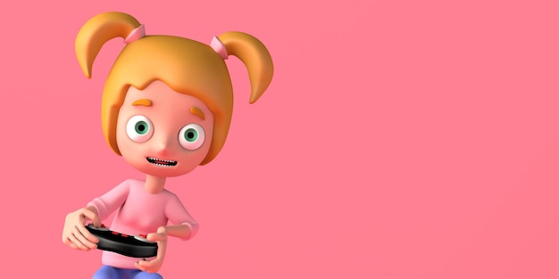 Ritratto di una ragazza che gioca alla console per videogiochi Spazio di copia Illustrazione 3D Cartoon