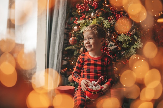 Ritratto di una ragazza che gioca con l'albero di Natale
