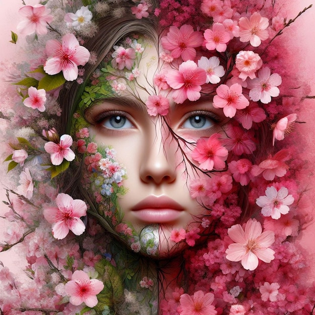 Ritratto di una ragazza con il viso e i fiori Figlio di ragazza con i fiori Fiori ibridi sul viso di una ragazza
