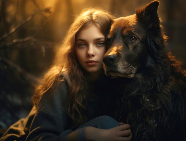 Ritratto di una ragazza con un cane in natura AI generato