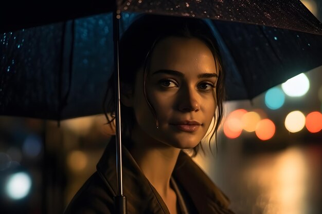 Ritratto di una ragazza con un ombrello sotto la pioggia Rete neurale generata dall'intelligenza artificiale