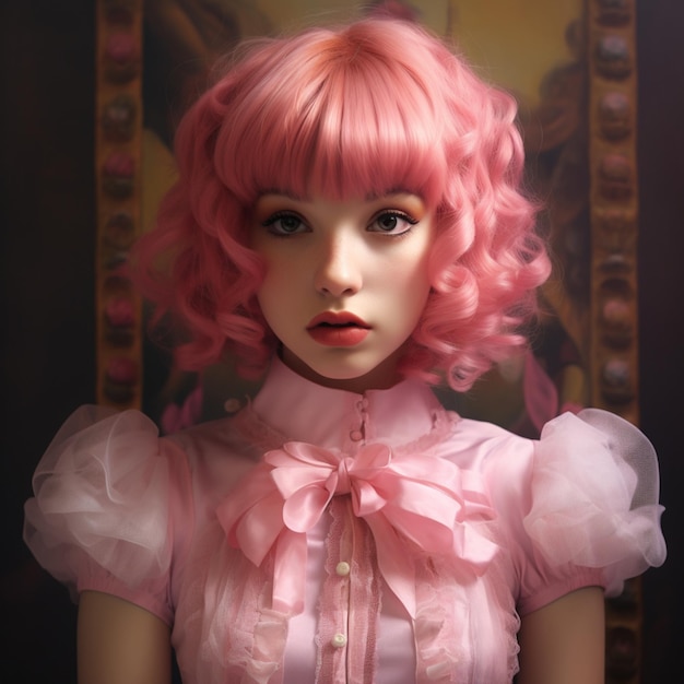 Ritratto di una ragazza con una parrucca corta rosa