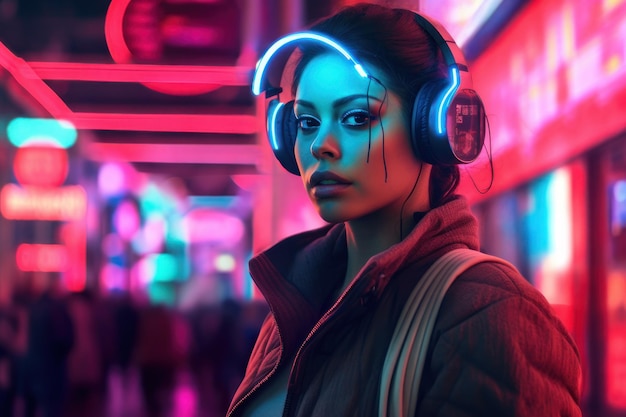 ritratto di una ragazza cyberpunk che indossa abiti e accessori futuristici in piedi davanti alle luci