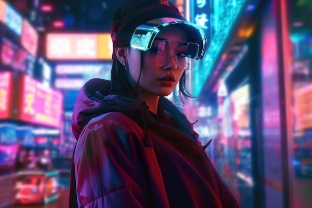 ritratto di una ragazza cyberpunk che indossa abiti e accessori futuristici in piedi davanti alle luci