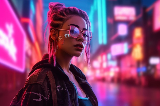 ritratto di una ragazza cyberpunk che indossa abiti e accessori futuristici in piedi davanti alle luci