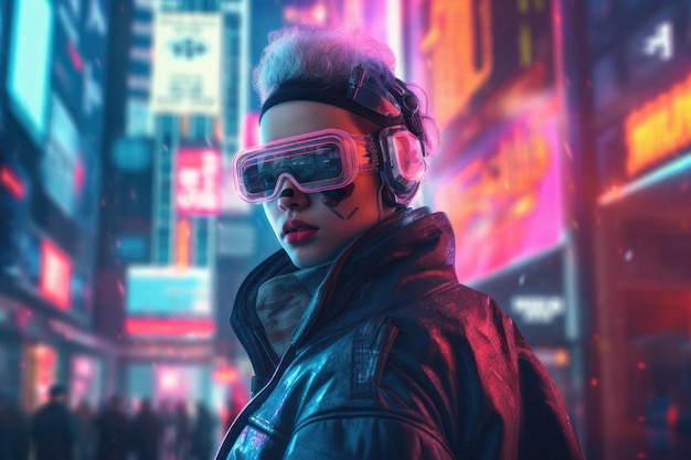 ritratto di una ragazza cyberpunk che indossa abiti e accessori futuristici in piedi davanti alle luci