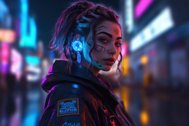 ritratto di una ragazza cyberpunk che indossa abiti e accessori futuristici in piedi davanti alle luci