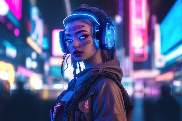 ritratto di una ragazza cyberpunk che indossa abiti e accessori futuristici in piedi davanti alle luci