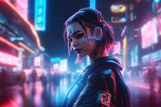 ritratto di una ragazza cyberpunk che indossa abiti e accessori futuristici in piedi davanti alle luci