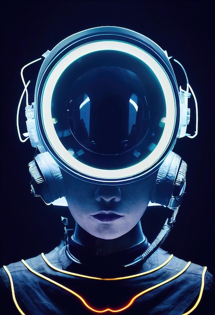 Ritratto di una ragazza cyberpunk fantascientifica. Donna futuristica hightech dal futuro.