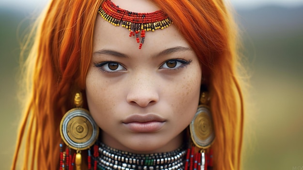 Ritratto di una ragazza dai capelli rossi con un copricapo etnico