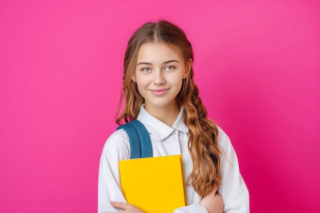 Ritratto di una ragazza di scuola carina con un libro giallo in mano su uno sfondo rosa