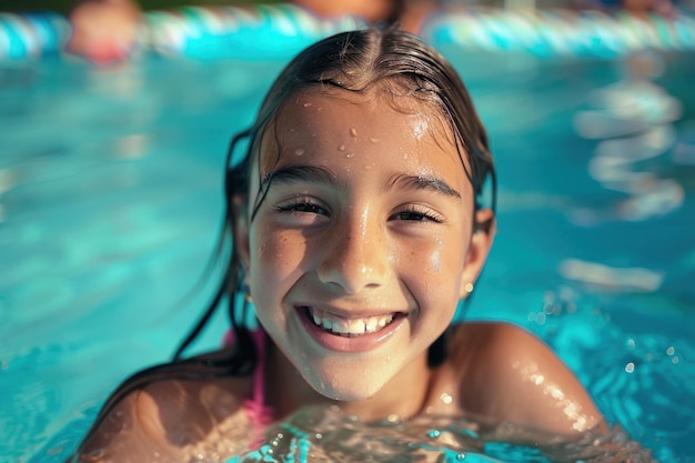 Ritratto di una ragazza felice che sorride divertendosi in piscina