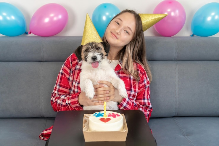 Ritratto di una ragazza felice con il suo divertente cane Jack Russell Terrier che celebra il suo compleanno a casa Disegno di torta per un cane