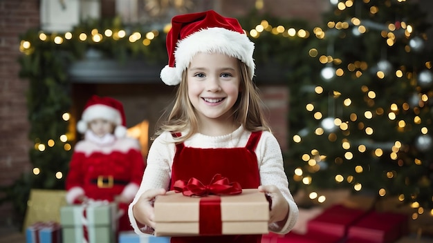 Ritratto di una ragazza felice con un vestito da aiutante di Babbo Natale che mostra scatole da regalo