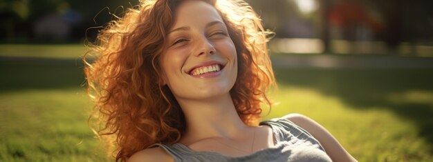 Ritratto di una ragazza felice e sorridente sullo sfondo di un'erba verde