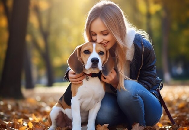 Ritratto di una ragazza giovane donna femmina con il suo adorabile cane al parco