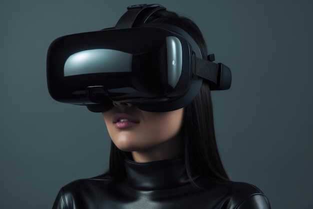Ritratto di una ragazza in abiti neri in lattice che indossa un casco VR nero su sfondo scuro