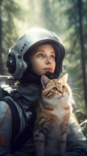 Ritratto di una ragazza in tuta spaziale e un gatto