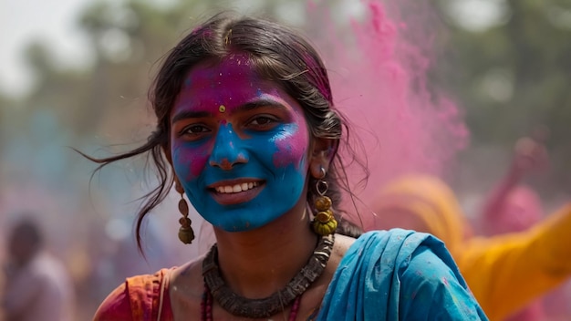 Ritratto di una ragazza indiana felice in un tradizionale sari indù nel festival dei colori di Holi