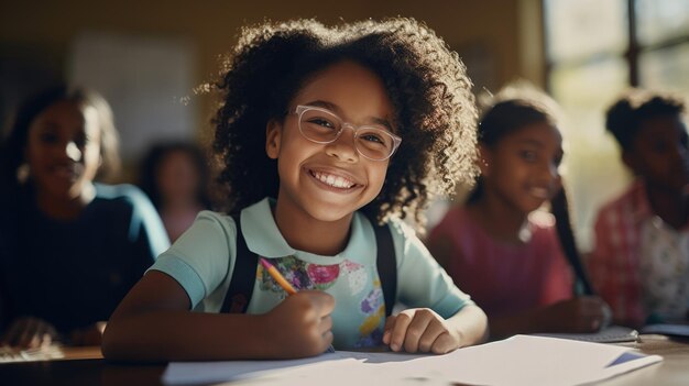 Ritratto di una ragazza nera brillante che sorride nella classe della scuola elementare Impara o scrive sul taccuino