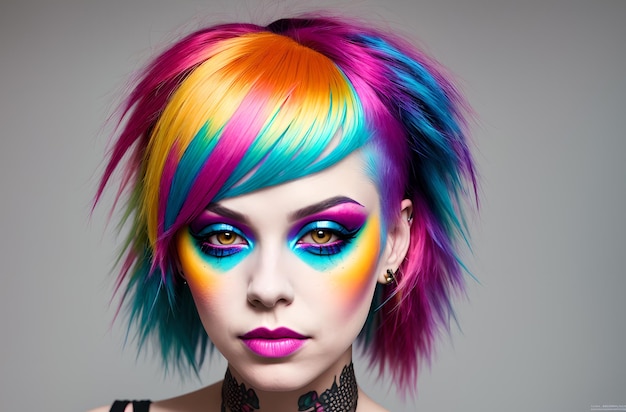 Ritratto di una ragazza punk con trucco luminoso e capelli colorati IA generativa