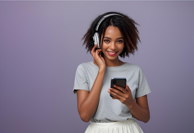 Ritratto di una ragazza sorridente che ascolta musica con le cuffie e tiene in mano il telefono