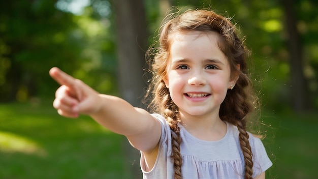 Ritratto di una ragazza sorridente che indica con il dito