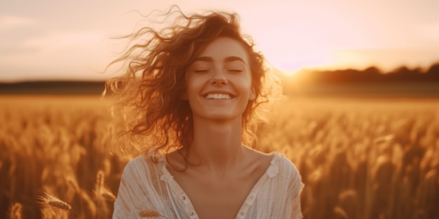 ritratto di una ragazza sorridente con gli occhi chiusi al tramonto AI generativa