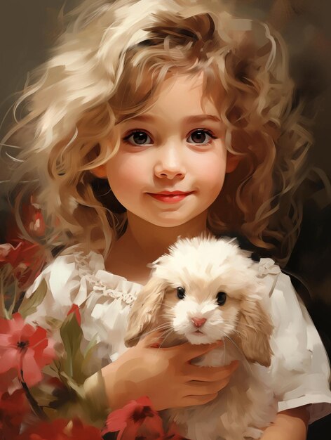 Ritratto di una ragazza sorridente con un coniglio bianco peloso nelle mani pittura estetica realistica
