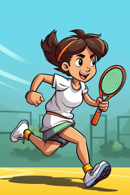 Ritratto di una ragazzina adorabile che corre su un campo sportivo giocando a tennis