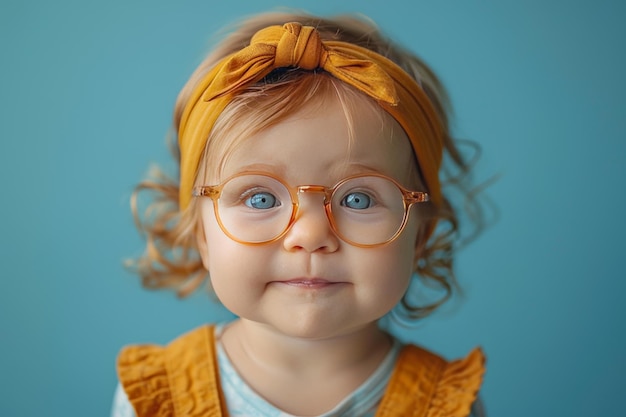 Ritratto di una ragazzina con gli occhiali su uno sfondo blu