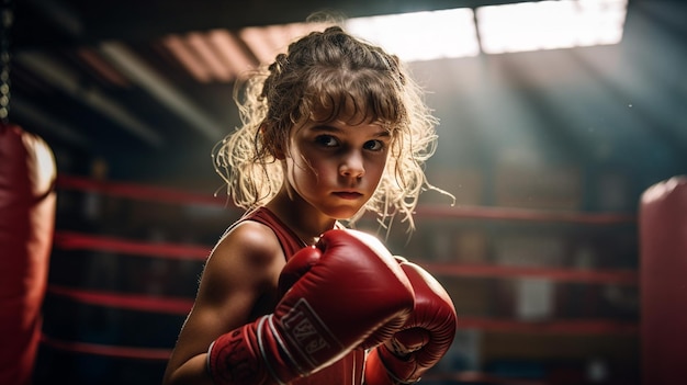 ritratto di una ragazzina con i guanti rossi da boxe in palestra