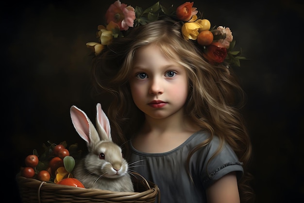 Ritratto di una ragazzina con orecchie di coniglio e uova di Pasqua