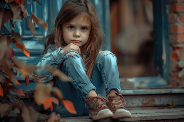ritratto di una ragazzina seduta su un gradino con l'atteggiamento di attesa