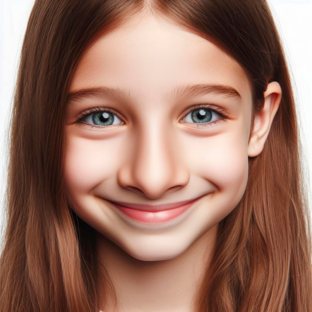 ritratto di una ragazzina sorridente con un grosso naso lungo isolato su uno sfondo bianco solido ai generativo