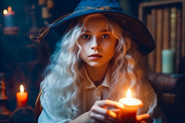 Ritratto di una ragazzina strega con un cappello da strega con una candela fa un incantesimo concetto di Halloween