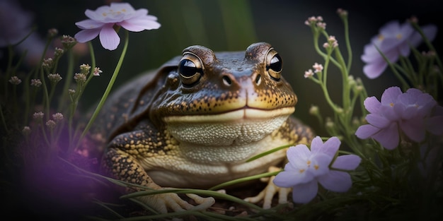 Ritratto di una rana con un cespuglio di fiori sullo sfondo IA generativa