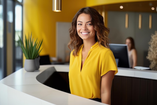 Ritratto di una receptionist sorridente, una donna che saluta un cliente, una donna d'affari felice, una ricezione in ufficio.