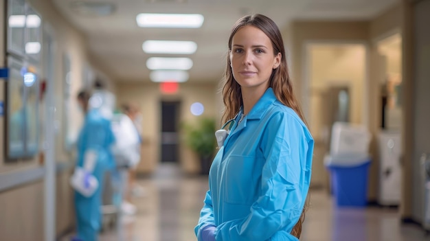 Ritratto di una scienziata che indossa un camico da laboratorio nel corridoio di un ospedale