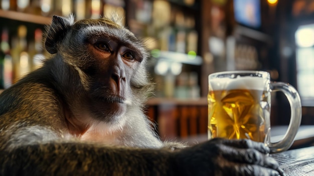 Ritratto di una scimmia in un pub con una tazza di birra poster umoristico per un pub