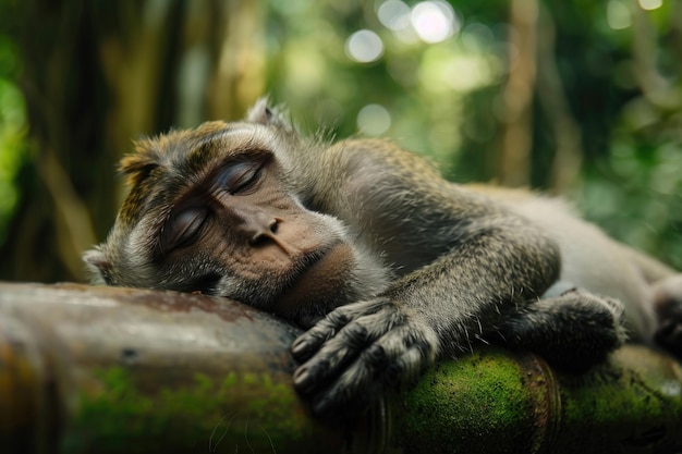 Ritratto di una scimmia maschio che dorme sulla recinzione nella foresta delle scimmie di Ubud, in Indonesia