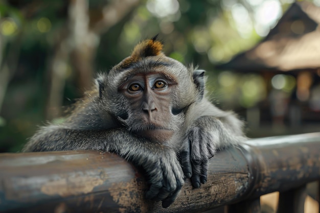 Ritratto di una scimmia maschio che si riposa sulla recinzione nella foresta delle scimmie di Ubud, in Indonesia